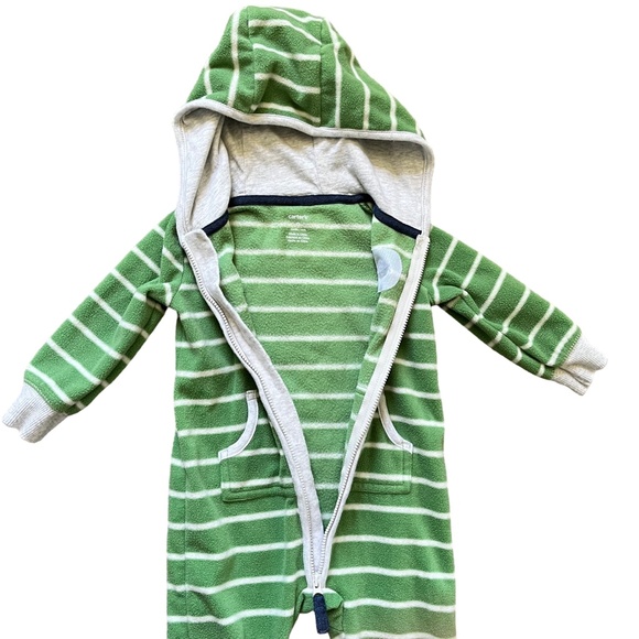 Carter's Green and White Striped Fleece Hooded Full Zip Jumpsuit, Size 9 Months - Picture 2 of 3